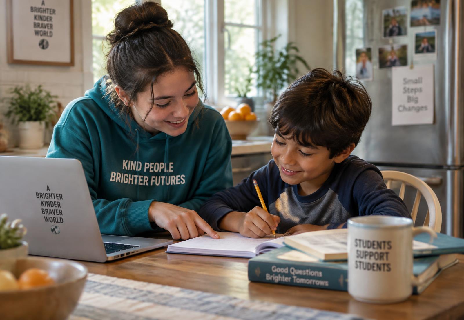 A volunteer tutor helping a younger student with homework at a kitchen table